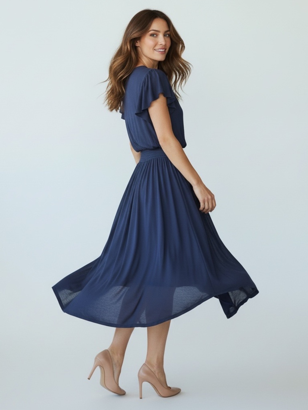 Ramy Brook Navy Blue Midi Flowy Dress - with Smocked Waist - Large